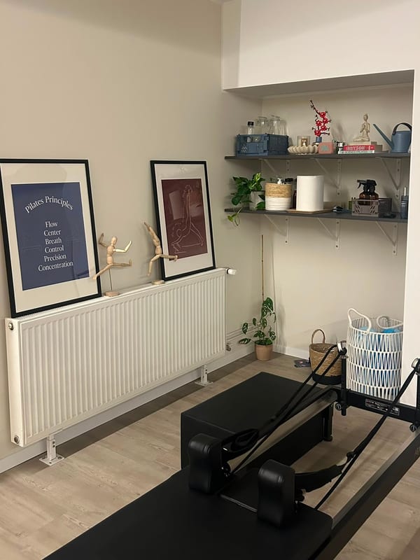 Kotiček studia s plakatoma Pilates Principles in odprtimi policami